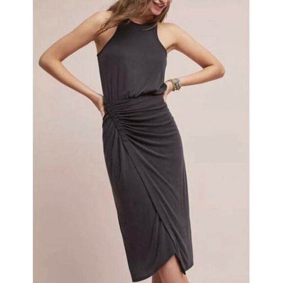 Anthropologie Moulinette Soeurs Gray Gathered Ruched Jersey Midi Dress Size LP - Picture 1 of 6